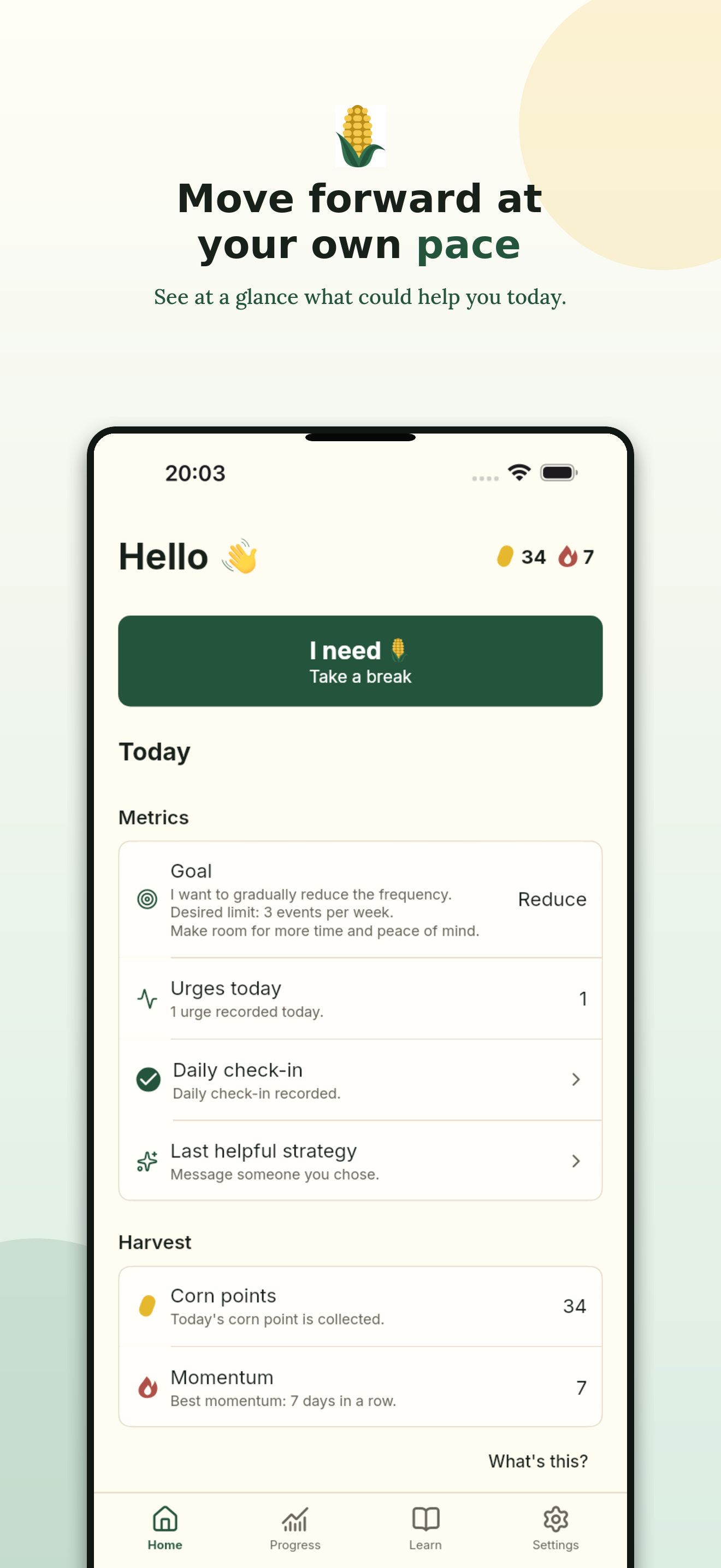 StopCorn home screen with the goal, daily metrics, Corn Points, and momentum.