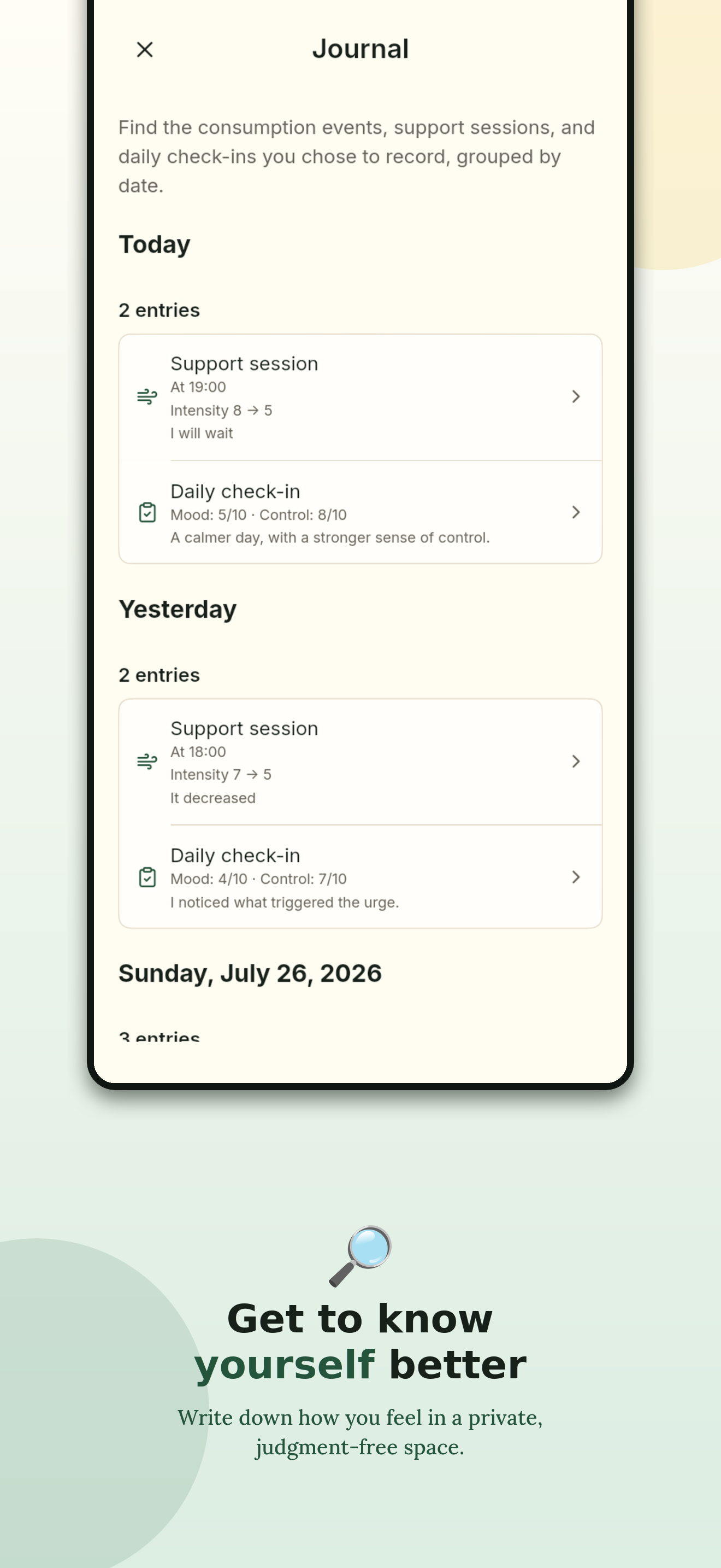 Private journal containing daily check-ins and recorded events.