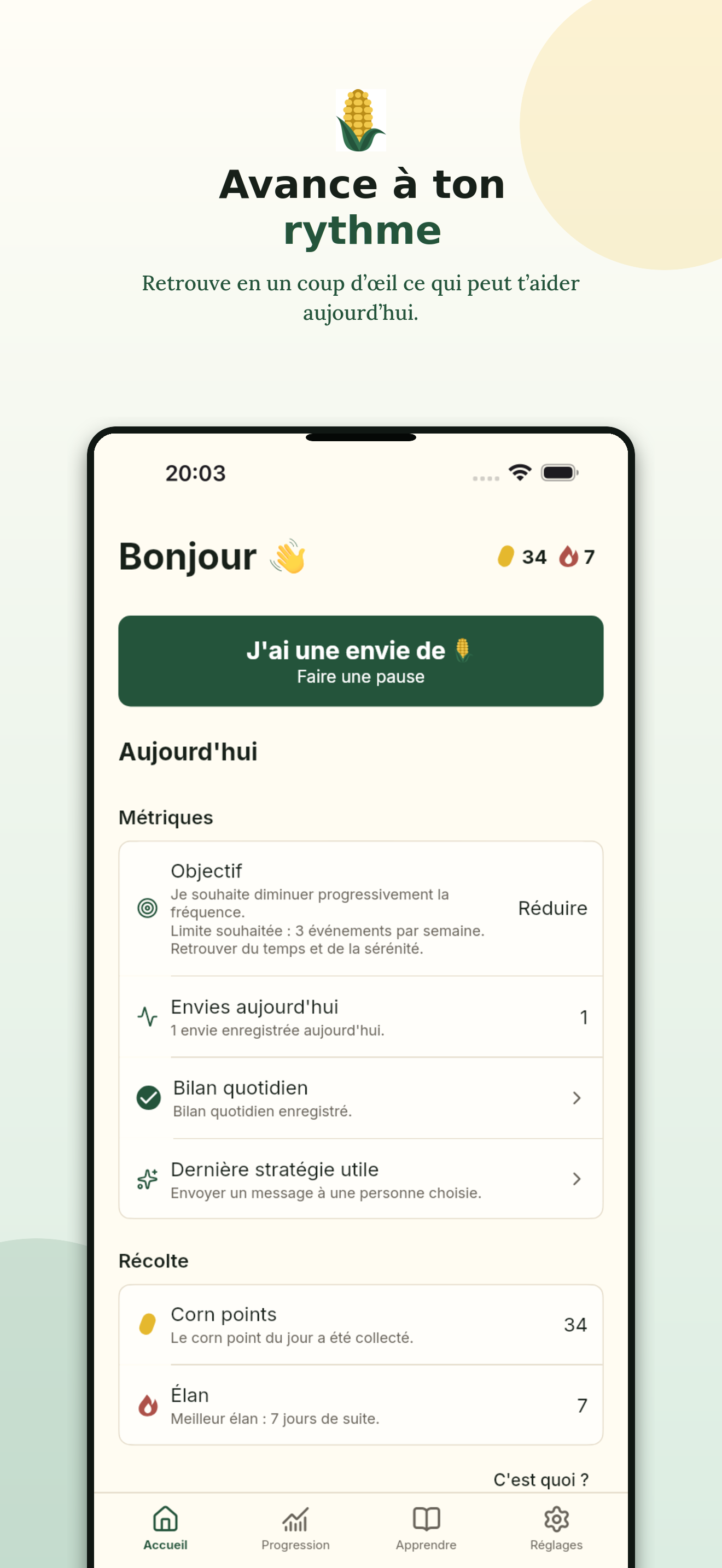Écran d’accueil de StopCorn avec l’objectif, les métriques du jour, les Corn Points et l’élan.