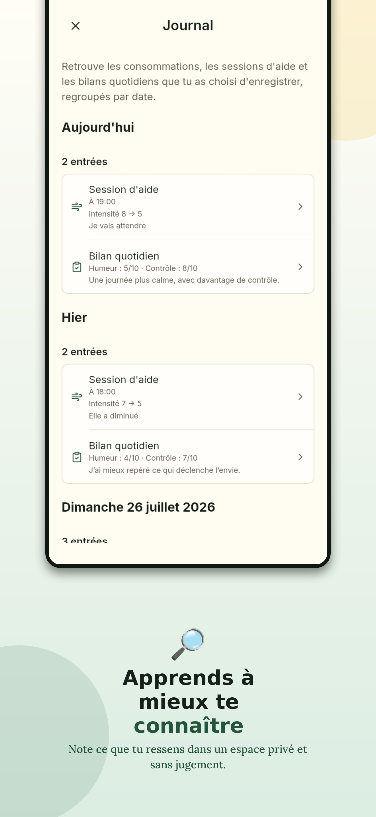 Journal privé contenant les bilans quotidiens et les événements enregistrés.
