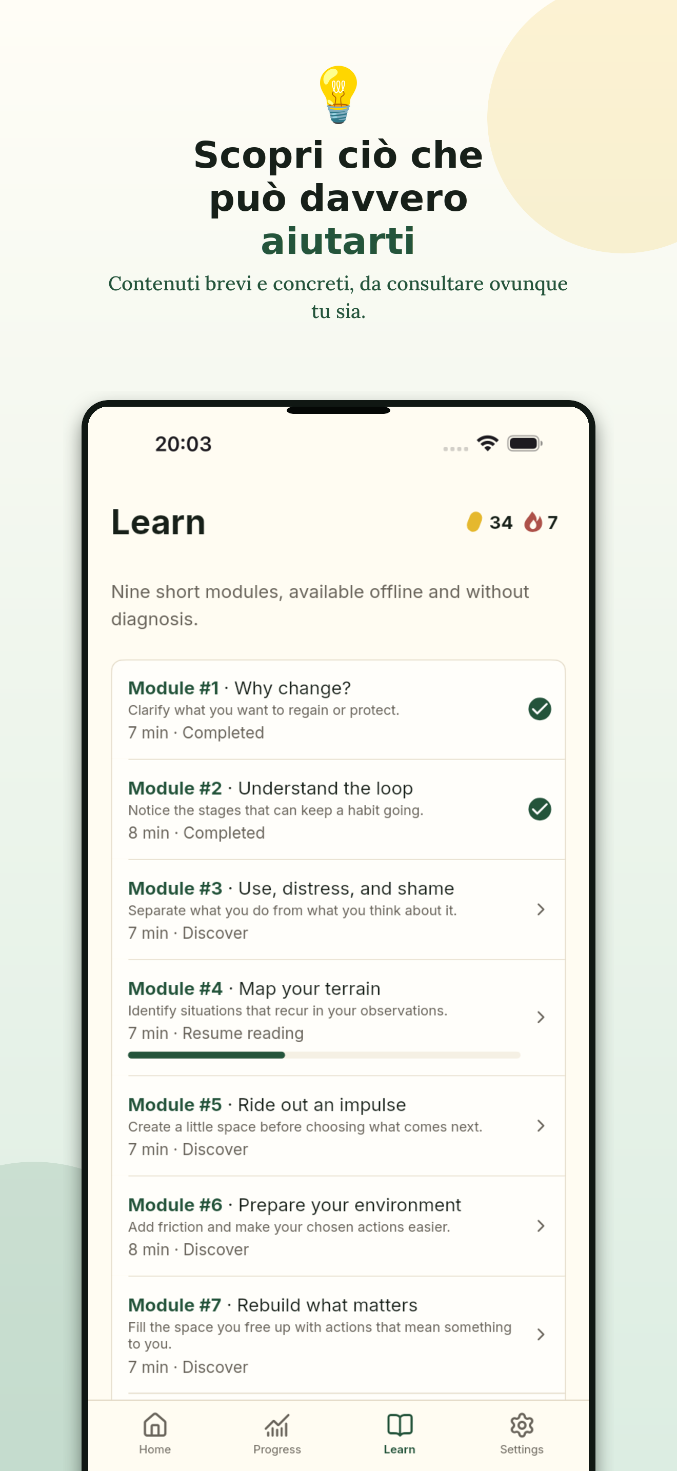 Moduli di apprendimento brevi, disponibili offline in StopCorn.