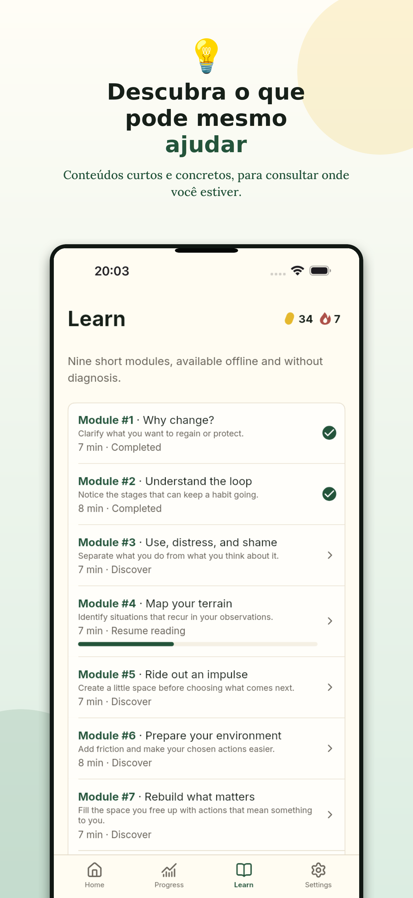 Módulos de aprendizado curtos, disponíveis offline no StopCorn.